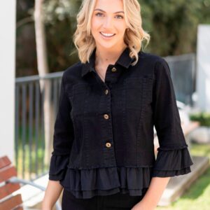 Jolie Saule Frill Denim Jacket in Black