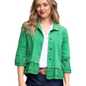 Jolie Saule Frill Denim Jacket in Green