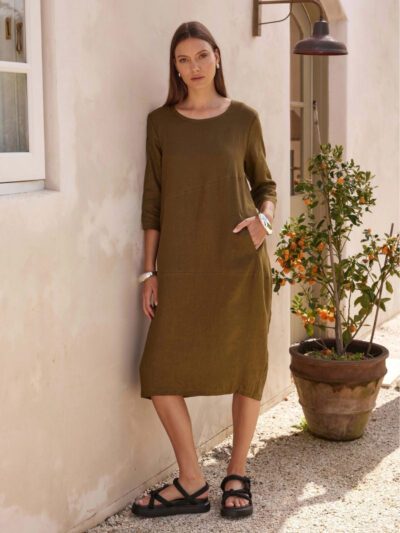 Tirelli Diagonal seam linen dress dark moss