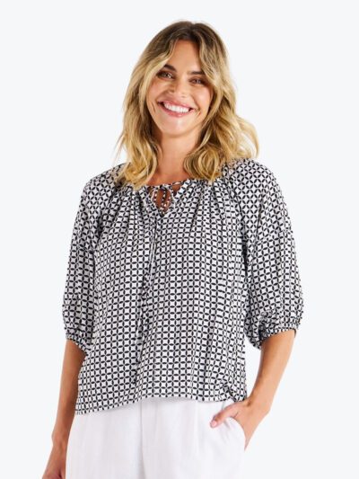 Geometric black and white print top Camilla Blouse Betty Basics Flair