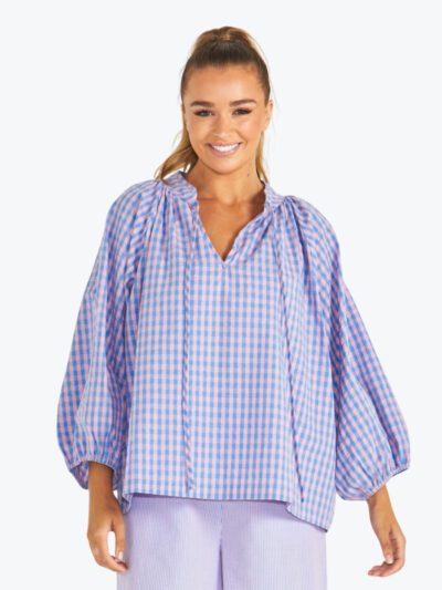 Sass Phillipa Top blue and pink gingham three quarter sleeve tie neck