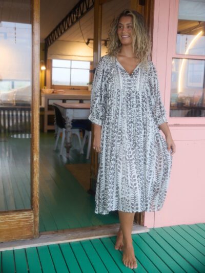 Talisman Wisteria Dress Paro olive and white print