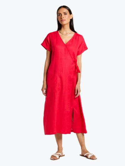 Yarra Trail twist front dress carnation red linen