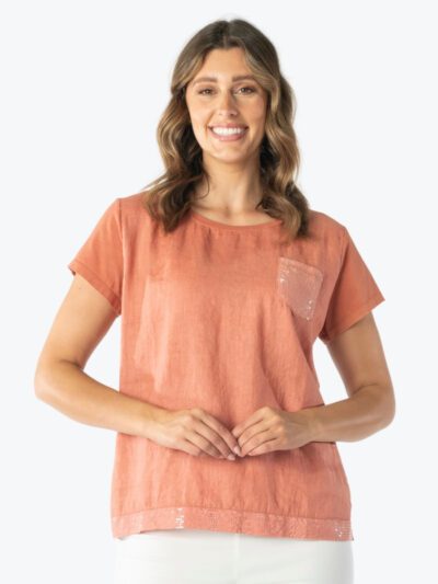 Maglia sequin linen top rust tee