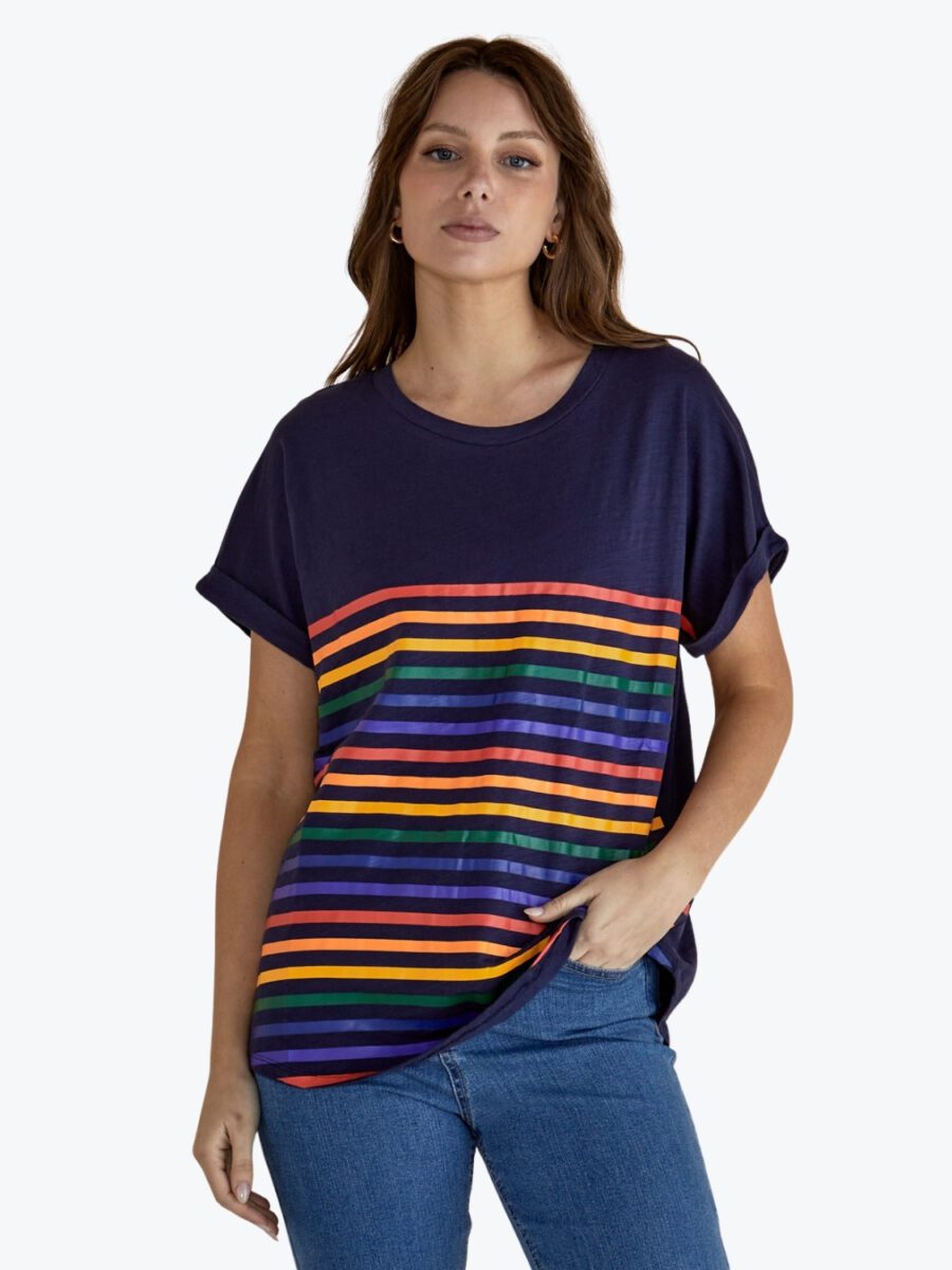 Betty Basics Hailey Tee Blue Rainbow Stripe