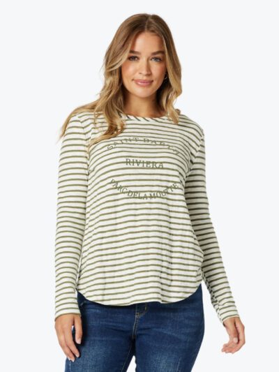 Threadz Riviera Long Sleeve Tee in Khaki/White Stripe