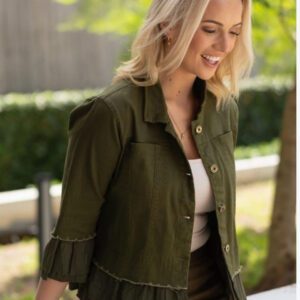 Jolie Saule Frill Denim Jacket in Khaki