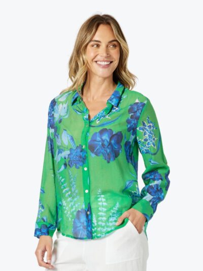 Garden Party Floral Print Shirt in Elm Blue