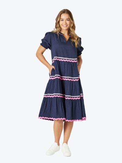 Threadz Ric Rac Tiered Dress in Navy