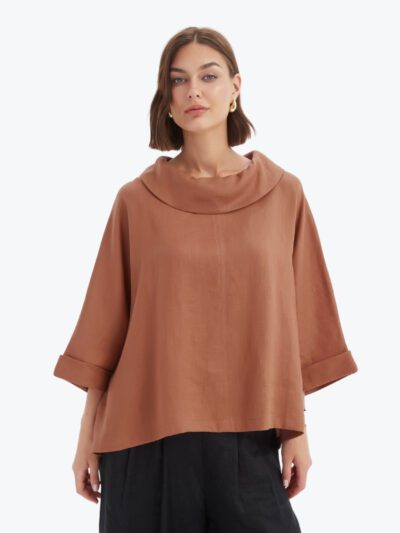 Tirelli Funnel Neck Boxy Top in Cedar
