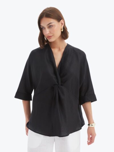 Tirelli Twist Front Linen Top in Black